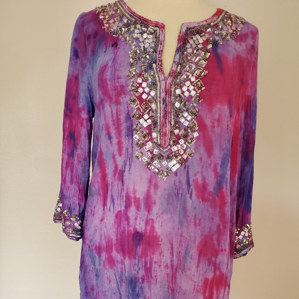 Calypso St Barth Beaded Cotton Tunic shirt bollywood purple pink blue tie dyed - Picture 1 of 3